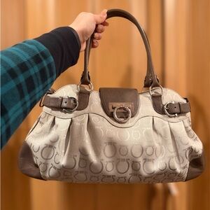 Salvatore Ferragamo Vintage Gancini Brown/Cream Canvas/Leather Shoulder Bag